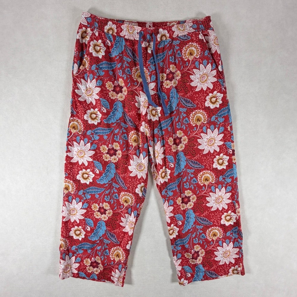 Garnet Hill Red Floral Pima Cotton Cropped Pajama Lounge Pants Womens Small